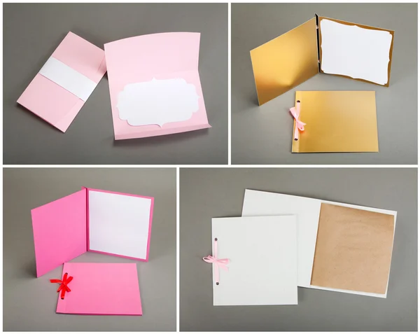 Coleção de cartões coloridos e envelopes sobre fundo cinza . — Fotografia de Stock