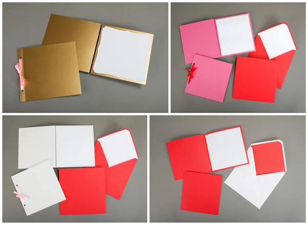 Collection of colorful cards and envelopes over gray background. — Φωτογραφία Αρχείου