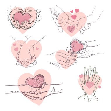 Vector collection of love concept. Vector illustration showing of a couple holding hands, framed by a heart. A pair of hands holds a heart.