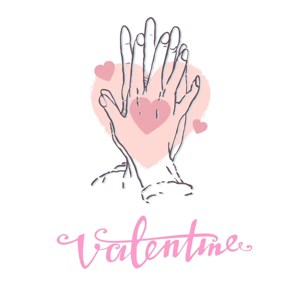 Valentin-Konzept. Vektor-Illustration, die ein Paar an Händen hält, eingerahmt von einem Herz. — Stockvektor