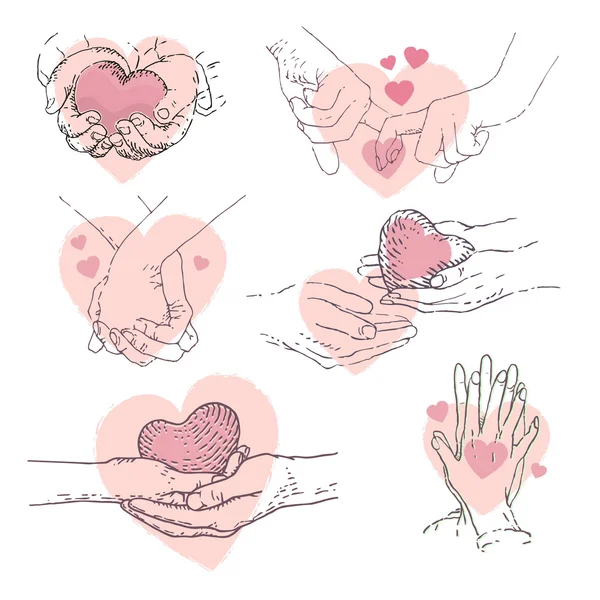 Vector collection of love concept. Vector illustration showing of a couple holding hands, framed by a heart. A pair of hands holds a heart. — ストックベクタ
