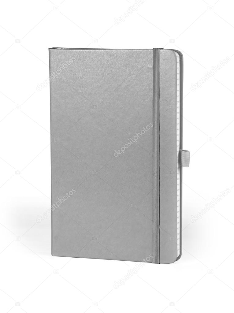 Moleskin notebook with elastic band on white background.