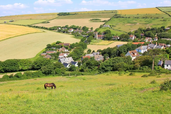 Campagna idilliaca con piccolo villaggio, circondato da campi — Foto Stock