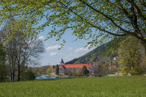 Schloss und Brauerei Tegernsee idyllisch, Blick durch grüne Wiesen — Stockfoto