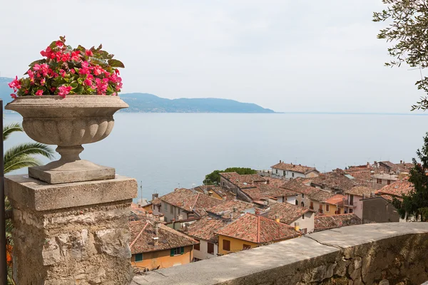 Mediterranean flowerpot on a post, view to garda lake over the r — Stock Photo, Image