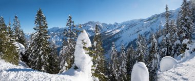 Karla kaplı köknar ağaçları ve dağ sıraları ile kış manzarası, üst bavyera, Kreuzeck