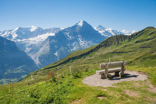 Úchvatný Výhled Švýcarské Alpy Vyhlídkové Místo Lavičkou Grindelwald First Bernský — Stock fotografie