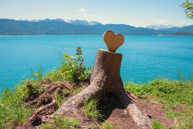 carved heart shape, cut out of a tree trunk, love symbol at Walchensee lake shore, alps view upper bavaria clipart