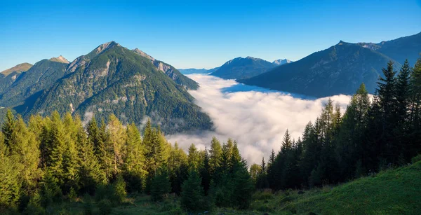 Morgennebel Und Nebelschwaden Über Dem Achensee Blick Vom Zwolferkopf Sonnige — Stockfoto