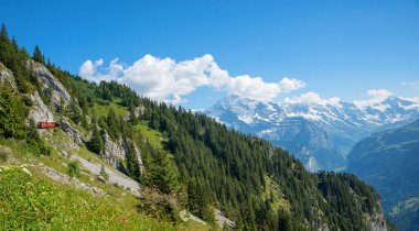 Alp manzarası Schynige Platte, İsviçre, Bernese Alpleri ve ünlü Eiger Monch ve Jungfrau manzaralı.