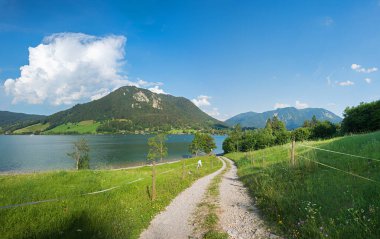 walkway near lake Schliersee, above Fischhausen shore, summer landscape upper bavaria