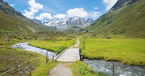 Pictórica Vale Dischma Pequeno Riacho Ponte Vista Montanha Geleira Scaletta — Fotografia de Stock