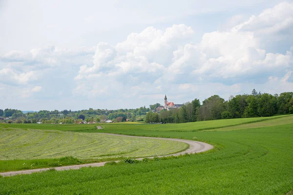 Baharda Andechs Manastırı Giden Yol Üst Bavyera Turizm Merkezi — Stok fotoğraf