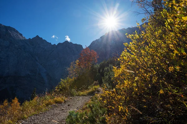 Magnifique Paysage Automne Sentier Montagne Alpes Karwendel Avec Soleil Éclatant — Photo