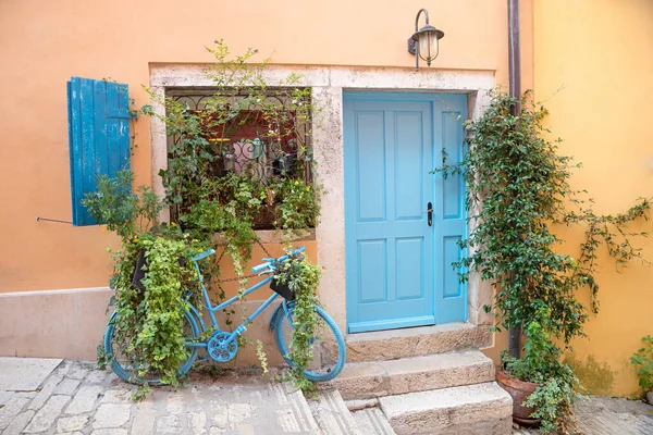 Entrée Maison Avec Porte Peinte Bleu Vélo Décoré Avec Des — Photo