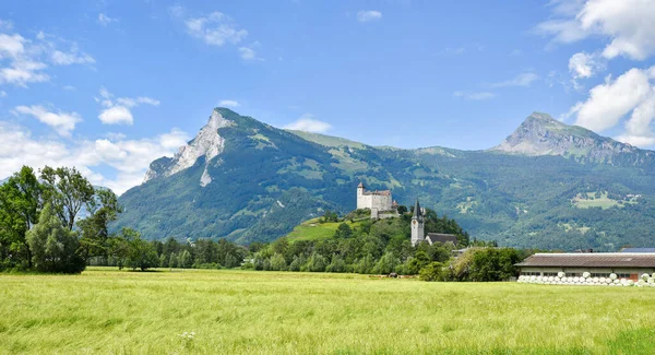 リヒテンシュタイン公国バルザース近くの歴史的なグーテンベルク城 晴れた夏の風景と山 — ストック写真