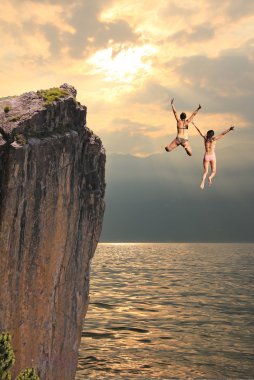 two cliff jumping girls, coastal landscape clipart
