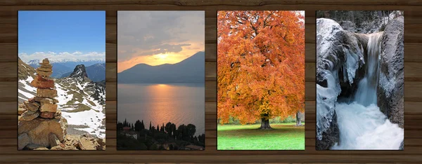 Collage - fyra säsonger på träplatta bakgrund - v — Stockfoto