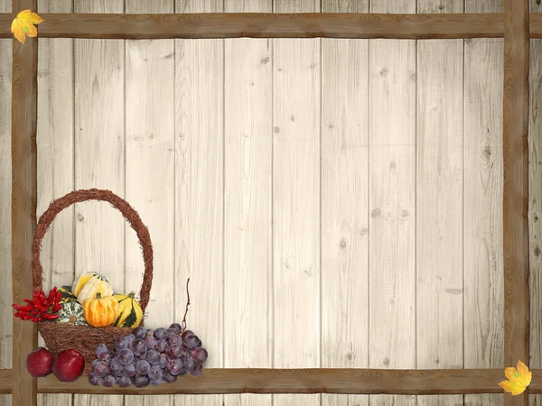 Осенний фон с деревянными досками и корзиной для благодарения — стоковое фото