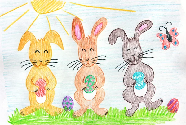 Three easter bunnies with eggs - children drawing — Stock Photo, Image