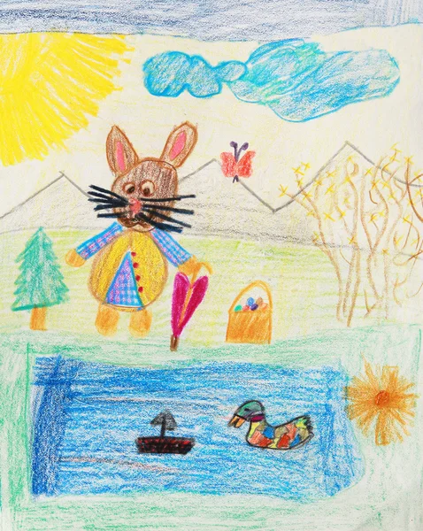 Conejito de Pascua ir a dar un paseo - niños dibujando —  Fotos de Stock