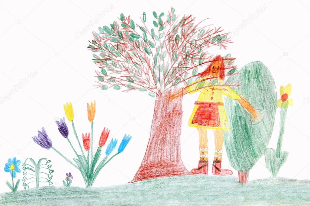 child in a spring garden - children drawing