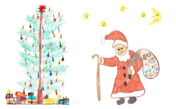 与礼物的圣诞老人，幼稚的蜡笔绘制的圣诞树 — 图库照片
