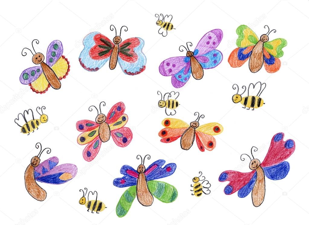 happy butterflies and honey bees - children drawing