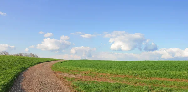 Sinuoso camino en la colina y el cielo azul con nubes — Foto de Stock