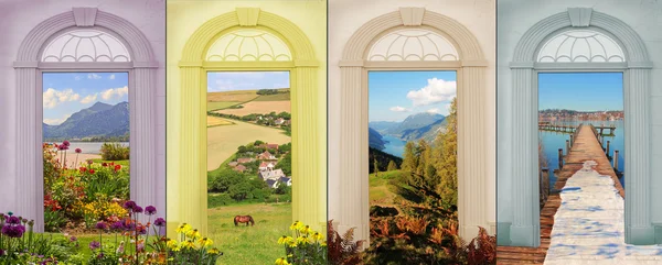 Collage vier Jahreszeiten - Tulpenfeld, Küstenlandschaft, Herbst — Stockfoto