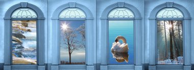 four archways with view to landscape, blue toned clipart