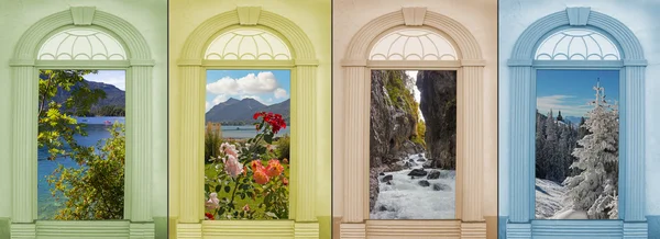 Background design four seasons with beautiful mountain landscape — Stock Photo, Image