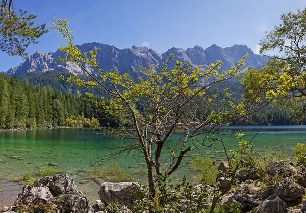 Hermoso lago de montaña eibsee y zugspitze macizo —  Fotos de Stock