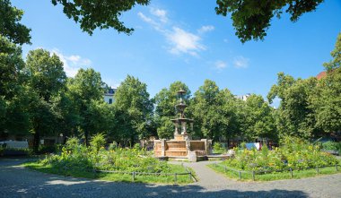 Weissenburger Platz, Haidhausen, ıhlamur ağacı dalları. Tarihi Glaspalastbrunnen çeşmesine bakın