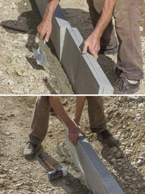 senior construction worker setting a curbstone clipart