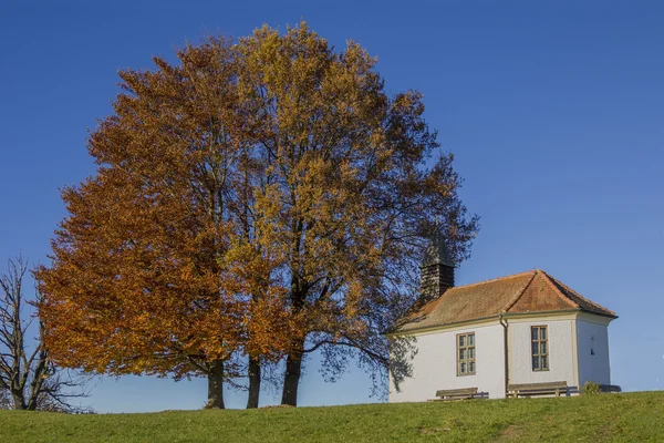 Petite chapelle sur la colline, à côté des arbres automnaux — Photo