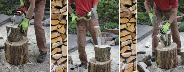 Lavorazione del legno uomo con un cuneo spaccante e una motosega, preparando — Foto Stock