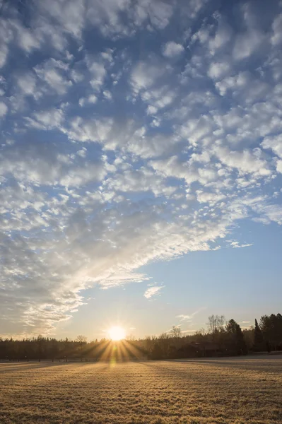 Alba sul campo ghiacciato, cielo blu con nuvole — Foto Stock