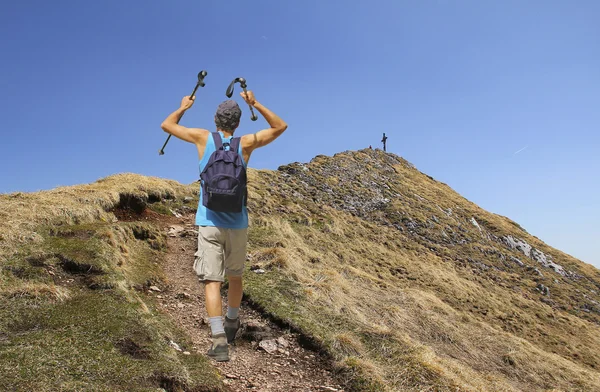 Mountaineer with walking sticks, hiking towards mountain summit — Stock Photo, Image