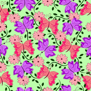 Kelebekler ve yapraklar pürüzsüz kumaş desenleri.