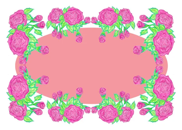 粉色花园玫瑰卡框架 — 图库照片
