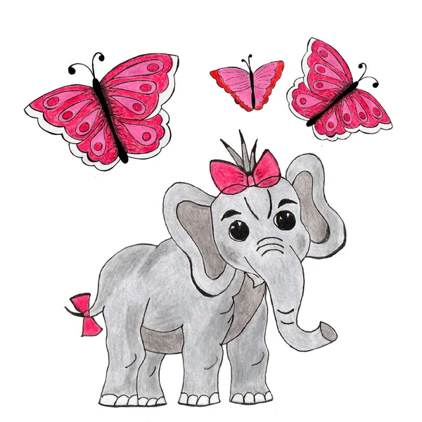 Cute small elephant with pink butterflies.