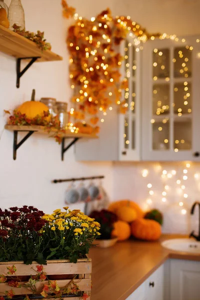 Autumn kitchen interior. Red and yellow leaves and flowers in the vase and pumpkin on light background — Stock Photo, Image