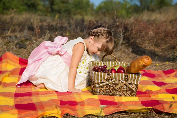 Cute little girl having picnic in summer — Stock Photo, Image