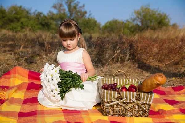 Cute little girl having picnic in summer — Stock Photo, Image