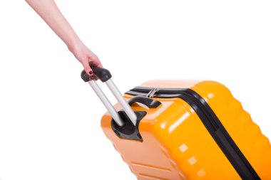 Seyahat çantası ve el beyaz izole kapatmak