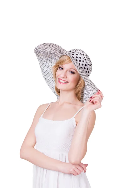 Portrait of young pretty girl in elegant hat smiling. Isolated Royalty Free Stock Images