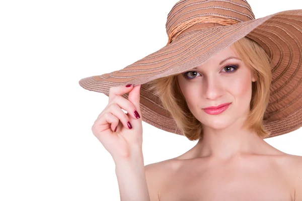 Portrait of young pretty girl in elegant hat. Isolated — Stock Photo, Image