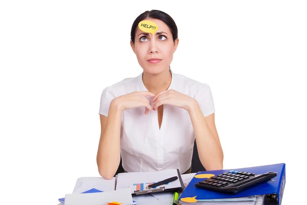 Young business woman sitting in office with reminder sticker asking help. Stress at work. Isolated — Stockfoto