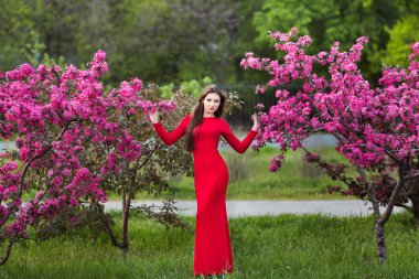 Pembe ağaçları arasında poz zarif Kırmızı elbiseli güzel genç kadın